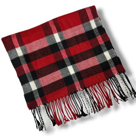 100% Cashmere Scarf in Red Black and White Plaid with Fringe - Picture 2 of 3